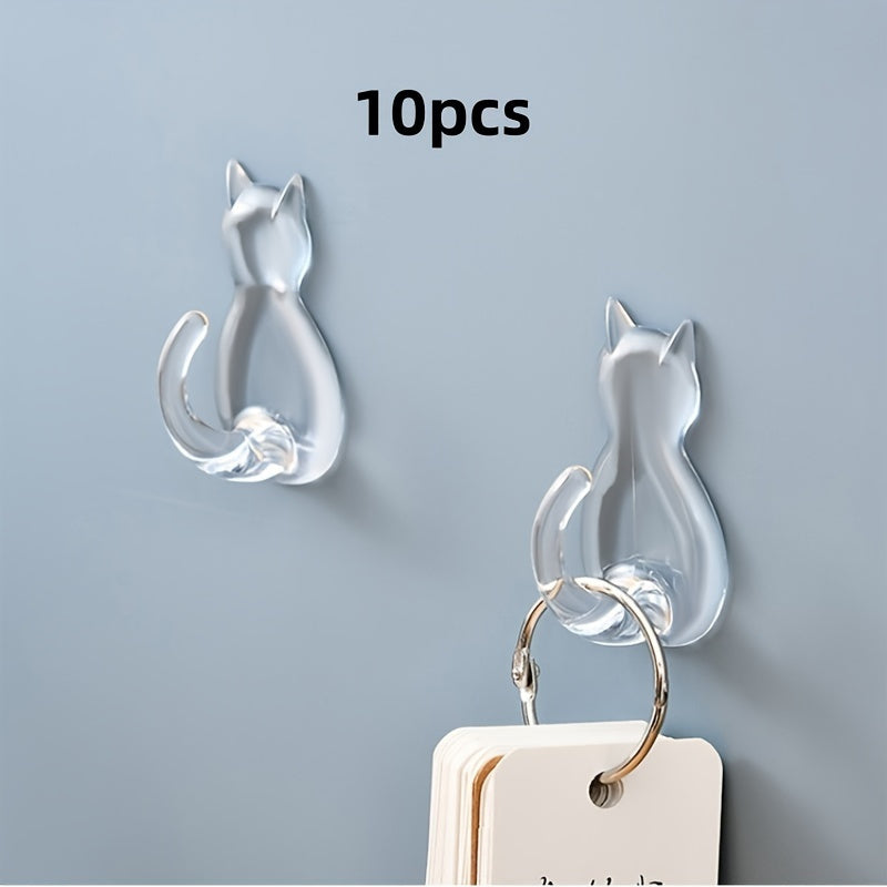 10pcs Cat Tail Sticky Hooks Wall Mounted - Transparent Waterproof No-Drill Adhesive Hooks with Cute Cartoon Cat Design, Space-Saving Organizer for Entryway, Bathroom, Bedroom, Dorm