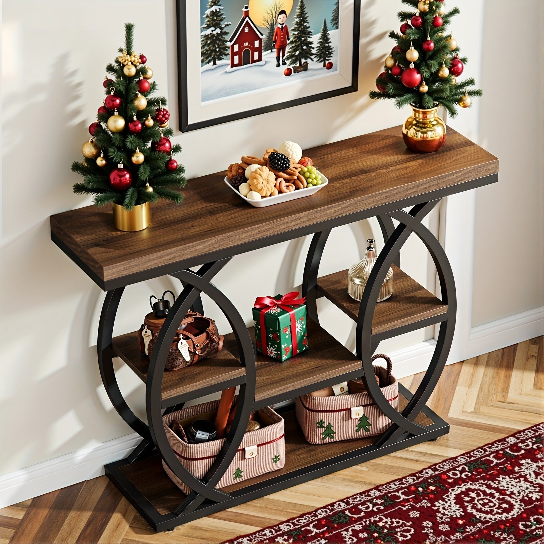 39-inch Holiday-themed Console Table, 4-tier Sofa Table With Storage Shelves, Narrow Wooden And Metal Frame Decorative Table, Suitable For Small Spaces, Corridors, Foyers, And Christmas