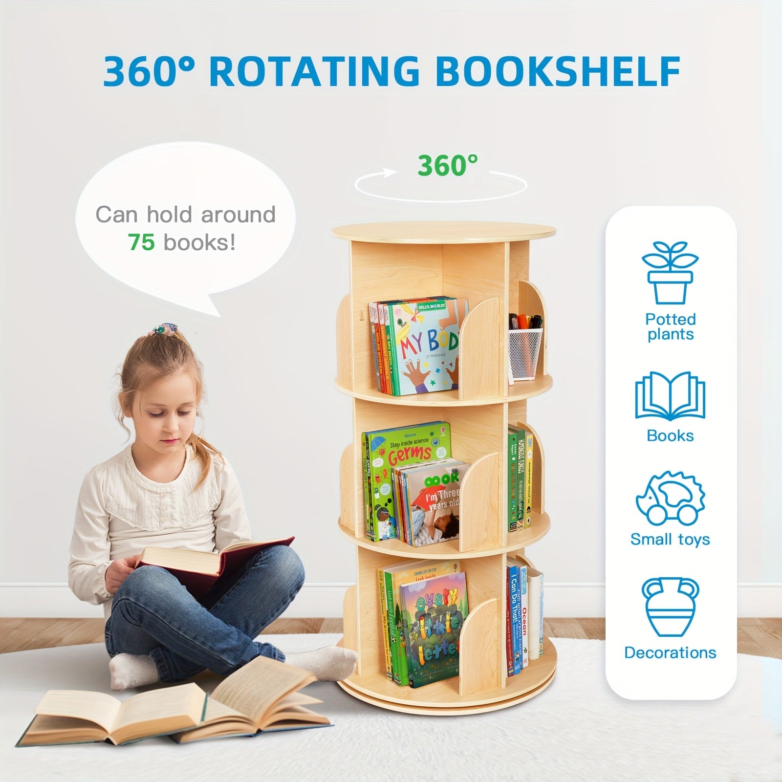 Kids Rotating Bookshelf Tower,  Corner Bookshelf for  Space, 360 Display Floor Standing Bookshelf Storage Rack, Large Chassis Spinning Bookshelf for Kids Room, Nursery