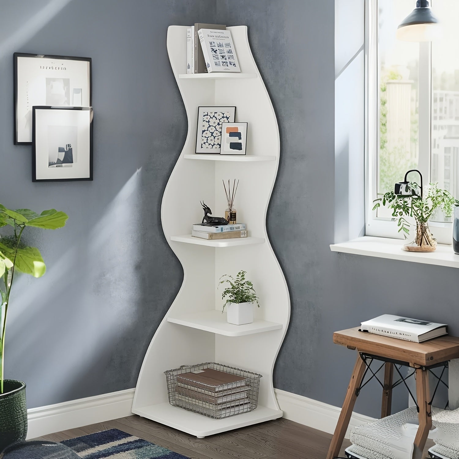 Corner Shelf, Modern 5-Tier Wall Corner Bookshelf, Stylish Corner Small Bookcase Storage Rack Plant Stand with Unique Shape for Living Room, Home Office, Ladder Racks, Storage and Organization