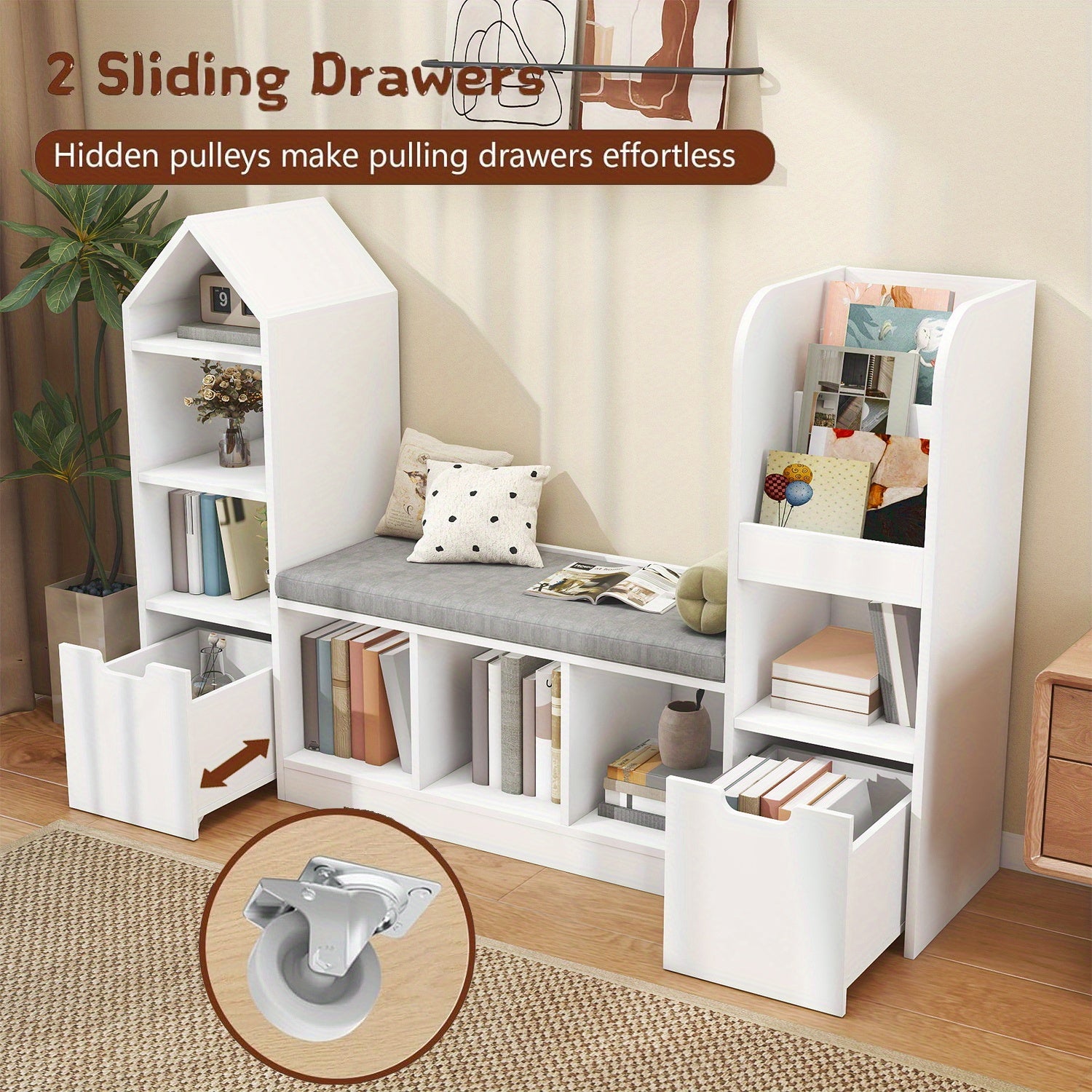 Nordic Style Bookcase with Reading Nook | Space-Saving Storage Cabinet with 7 Cubbies, 2 Movable Drawers & Seat Cushion, Multifunctional Organizer for Living Room, Bedroom, Office, Wood Color, Hardwood Material, VABCHES Brand