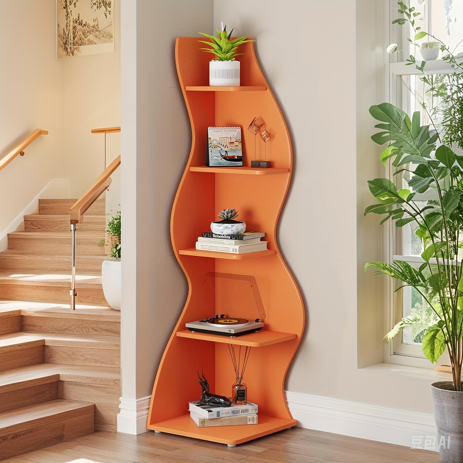 Corner Shelf, Modern 5-Tier Wall Corner Bookshelf, Stylish Corner Small Bookcase Storage Rack Plant Stand with Unique Shape for Living Room, Home Office, Ladder Racks, Storage and Organization