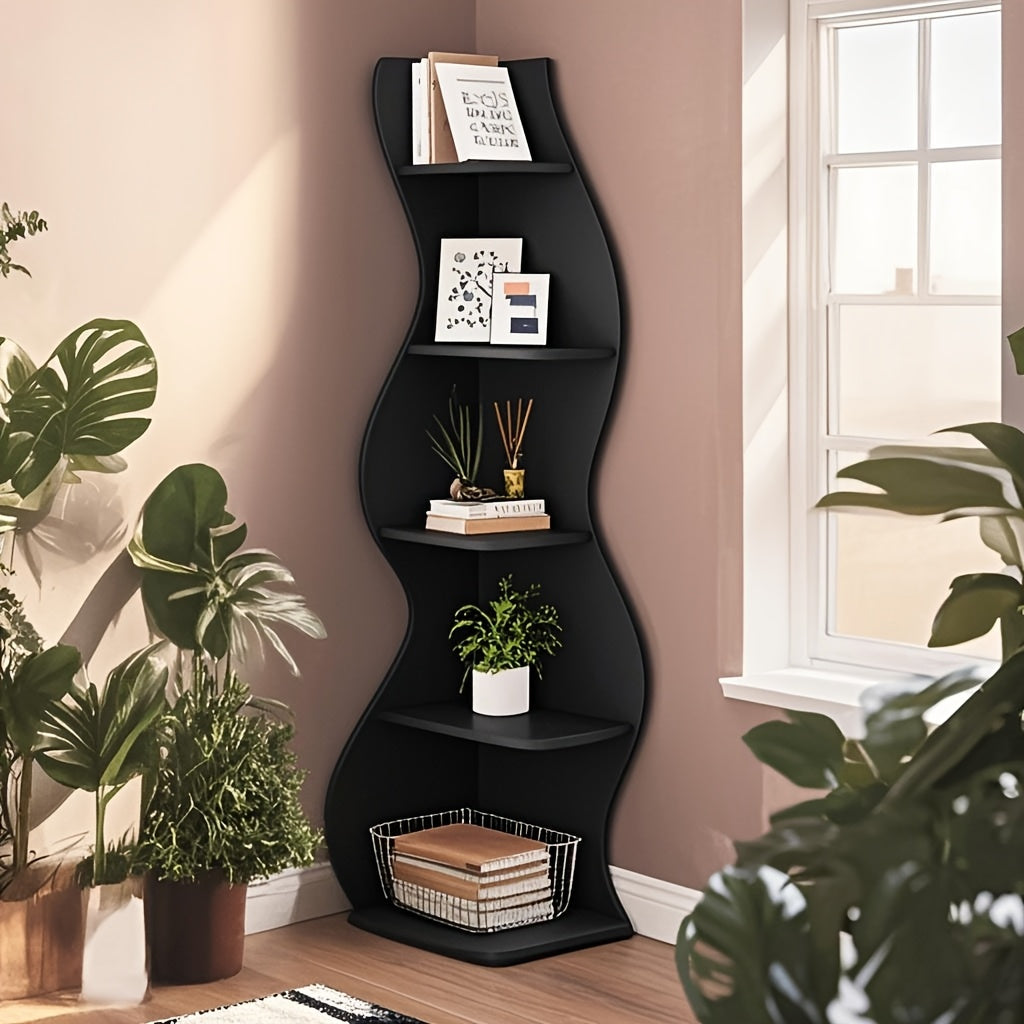 Corner Shelf, Modern 5-Tier Wall Corner Bookshelf, Stylish Corner Small Bookcase Storage Rack Plant Stand with Unique Shape for Living Room, Home Office, Ladder Racks, Storage and Organization