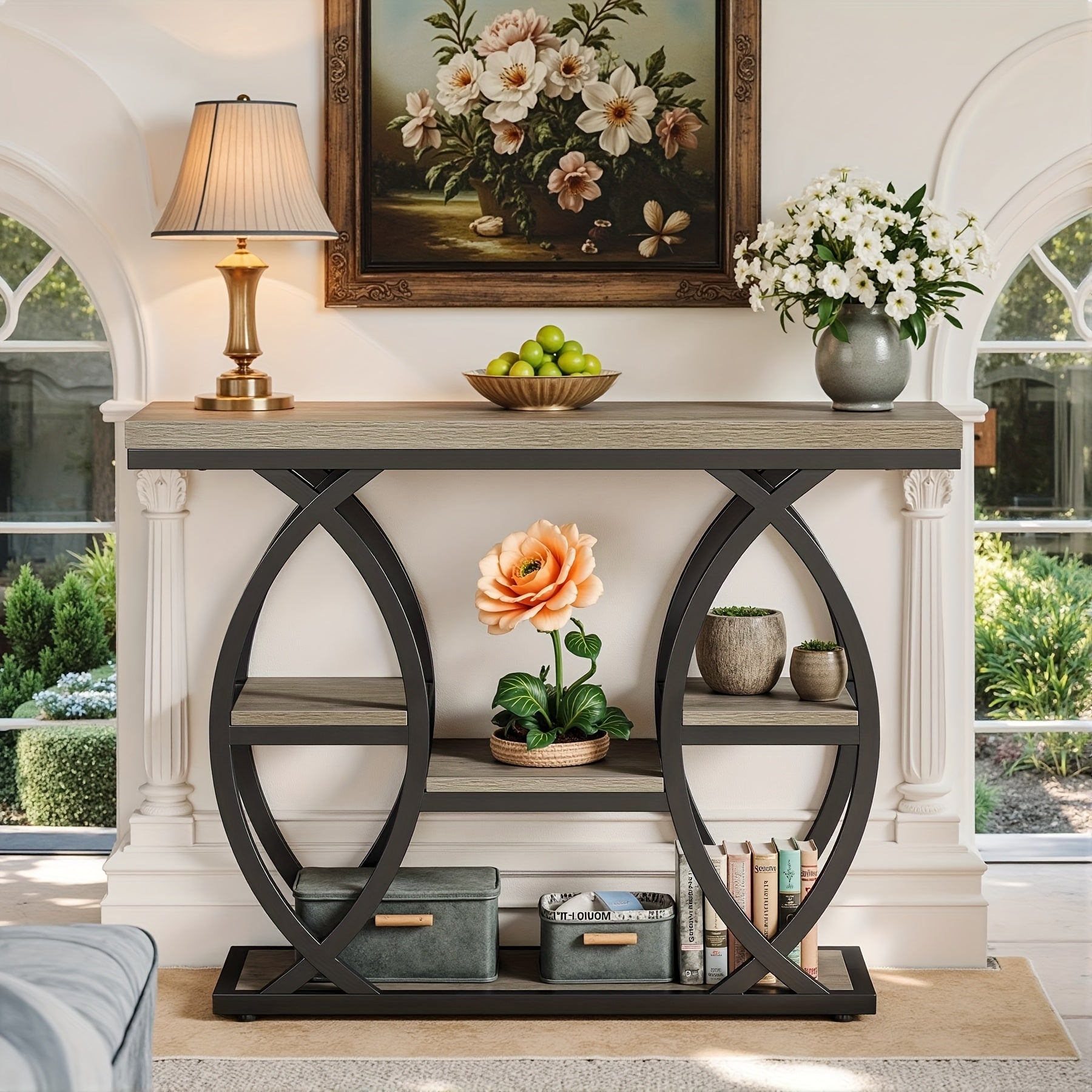 39-inch Holiday-themed Console Table, 4-tier Sofa Table With Storage Shelves, Narrow Wooden And Metal Frame Decorative Table, Suitable For Small Spaces, Corridors, Foyers, And Christmas