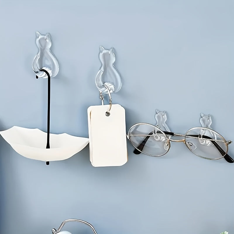 10pcs Cat Tail Sticky Hooks Wall Mounted - Transparent Waterproof No-Drill Adhesive Hooks with Cute Cartoon Cat Design, Space-Saving Organizer for Entryway, Bathroom, Bedroom, Dorm