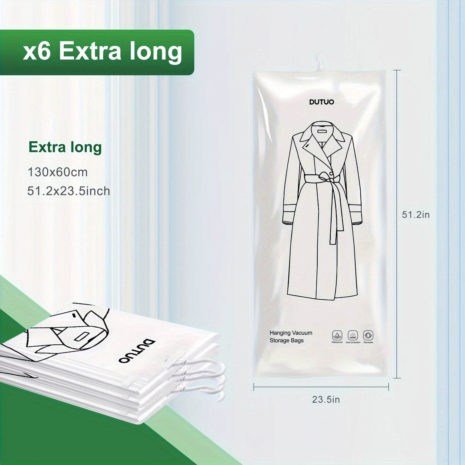 Set of 6 Hanging Vacuum Storage Bags, Designed to Save Closet Space, Extra Durable And Long, Ideal for Storing Suits, Dresses, And More, Comes with a Hook