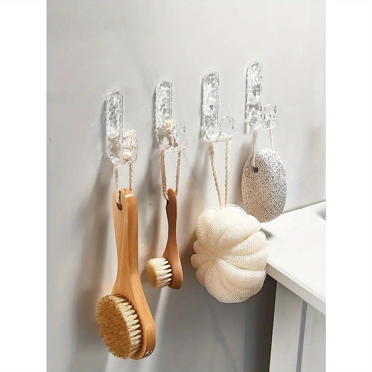 Four Contemporary Wave Design Adhesive Hooks - No Need for Drilling, Easy to Set Up, Plastic Hooks for Towels And Additions, Ideal for Bathrooms, Kitchens, And Hallways - Chic Wall-Mounted Storage Options, Bathroom Essentials | Sleek Hooks